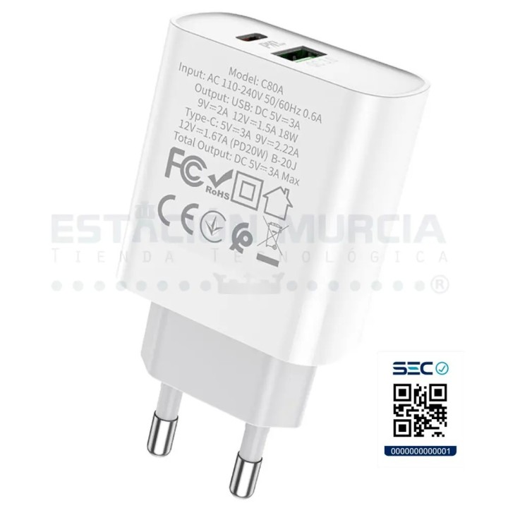 Cargador 20W PD3.0/QC3.0 - Doble Puerto USB y Tipo C, Carga Rápida, Seguro